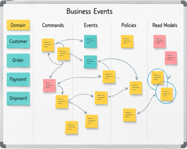 Business Events whiteboard with sticky notes